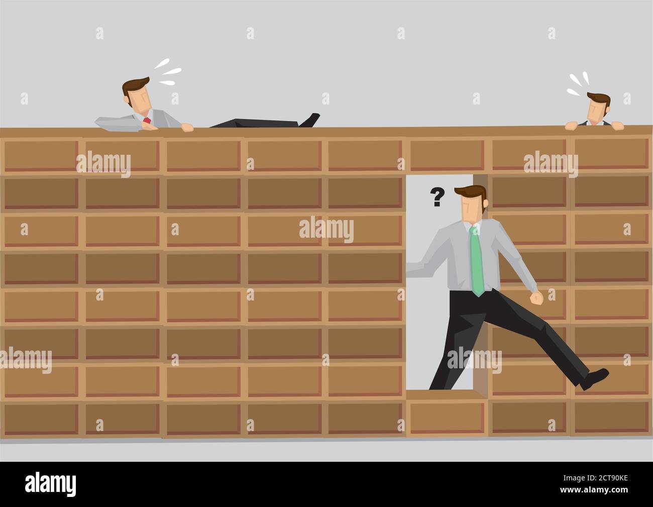 Smart man walking through hole in brick wall while others try to climb over  wall. Cartoon vector illustration on concept for taking shortcuts versus d  Stock Vector Image & Art - Alamy