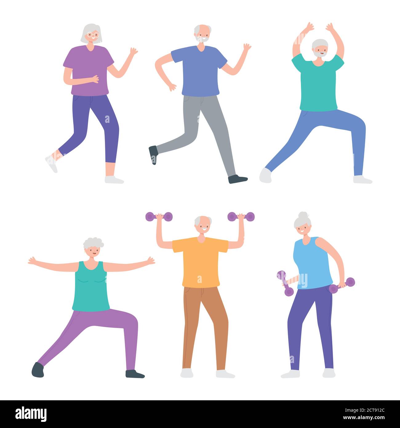 activity seniors, group elderly people practicing exercises vector ...