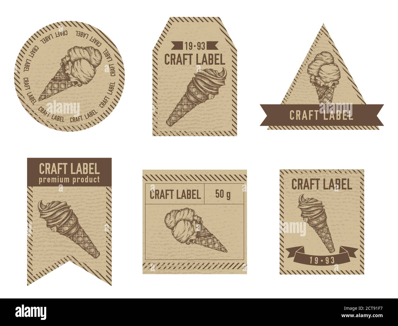 Craft labels vintage design with illustration of ice cream cones Stock