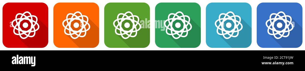 Atom icon set, flat design vector illustration in 6 colors options for ...