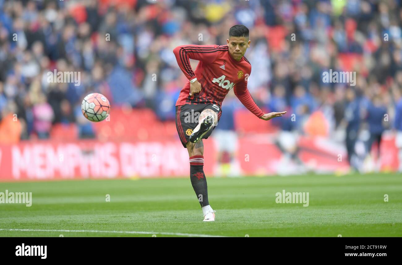 MARCOS ROJO WARMS UP FOR MAN UTD  EVERTON v MANCHESTER UTD FA Cup Semi Final - Wembley.  Copyright Picture : Mark Pain 23/04/2016 Stock Photo