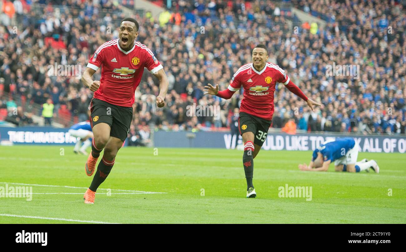 ANTHONY MARTIAL CELEBRATES SCORING THE LAST MINUTE WINNER FOR MAN UTD 2-1  EVERTON v MANCHESTER UTD FA Cup Semi Final - Wembley.  Copyright Picture : Stock Photo