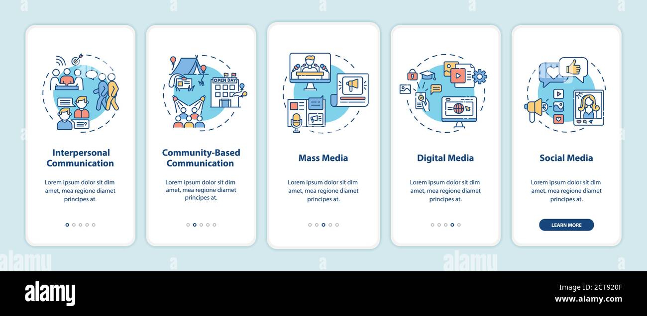 Communication channels onboarding mobile app page screen with concepts Stock Vector