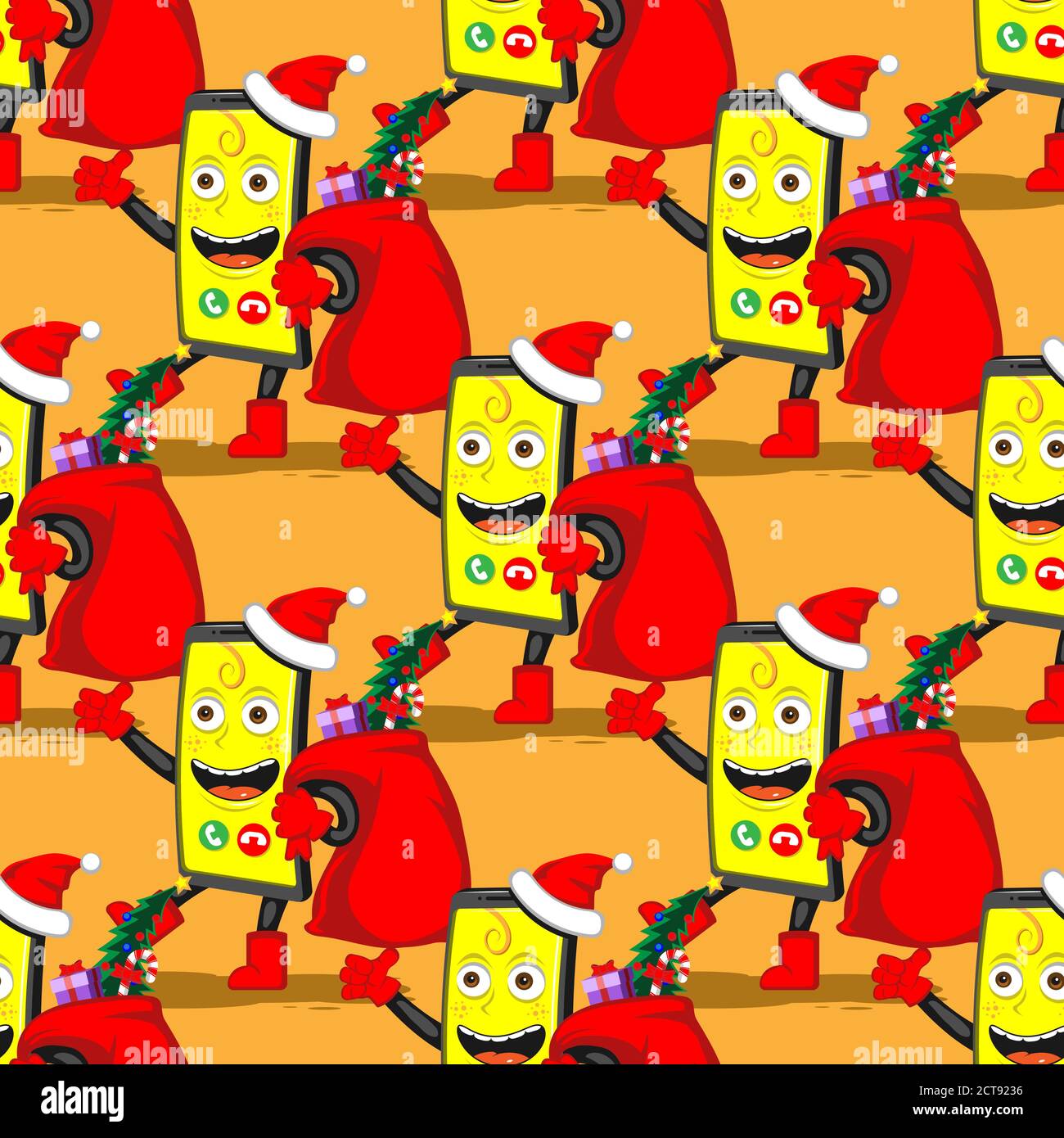 seamless pattern funny cartoon smartphone with a bag of Christmas gifts on a white isolated background. Vector image Stock Vector