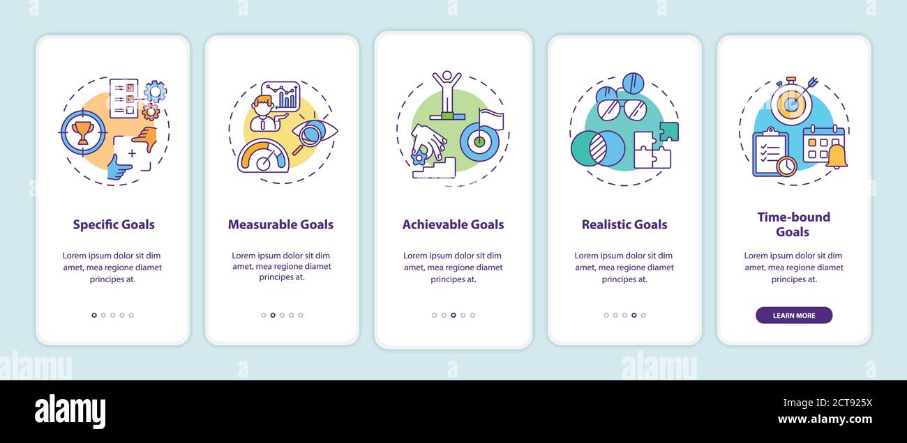 Smart goals definition onboarding mobile app page screen with concepts Stock Vector