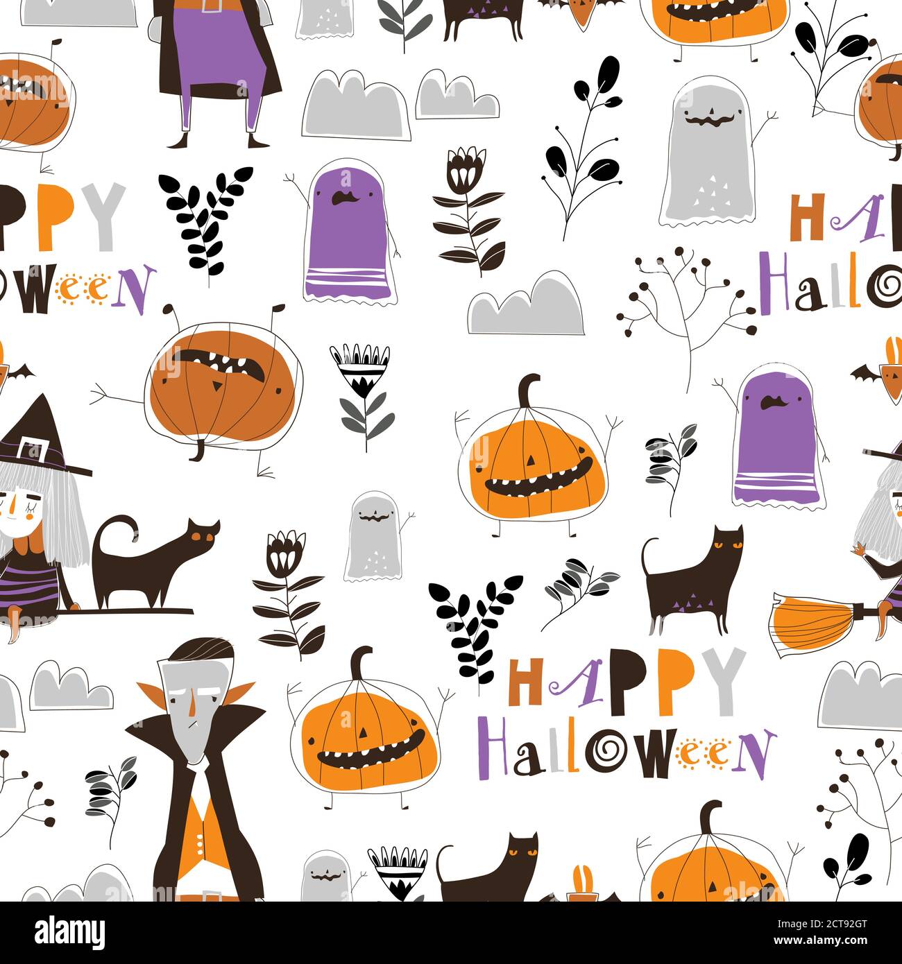 Seamless pattern with Halloween characters on white background Stock Vector