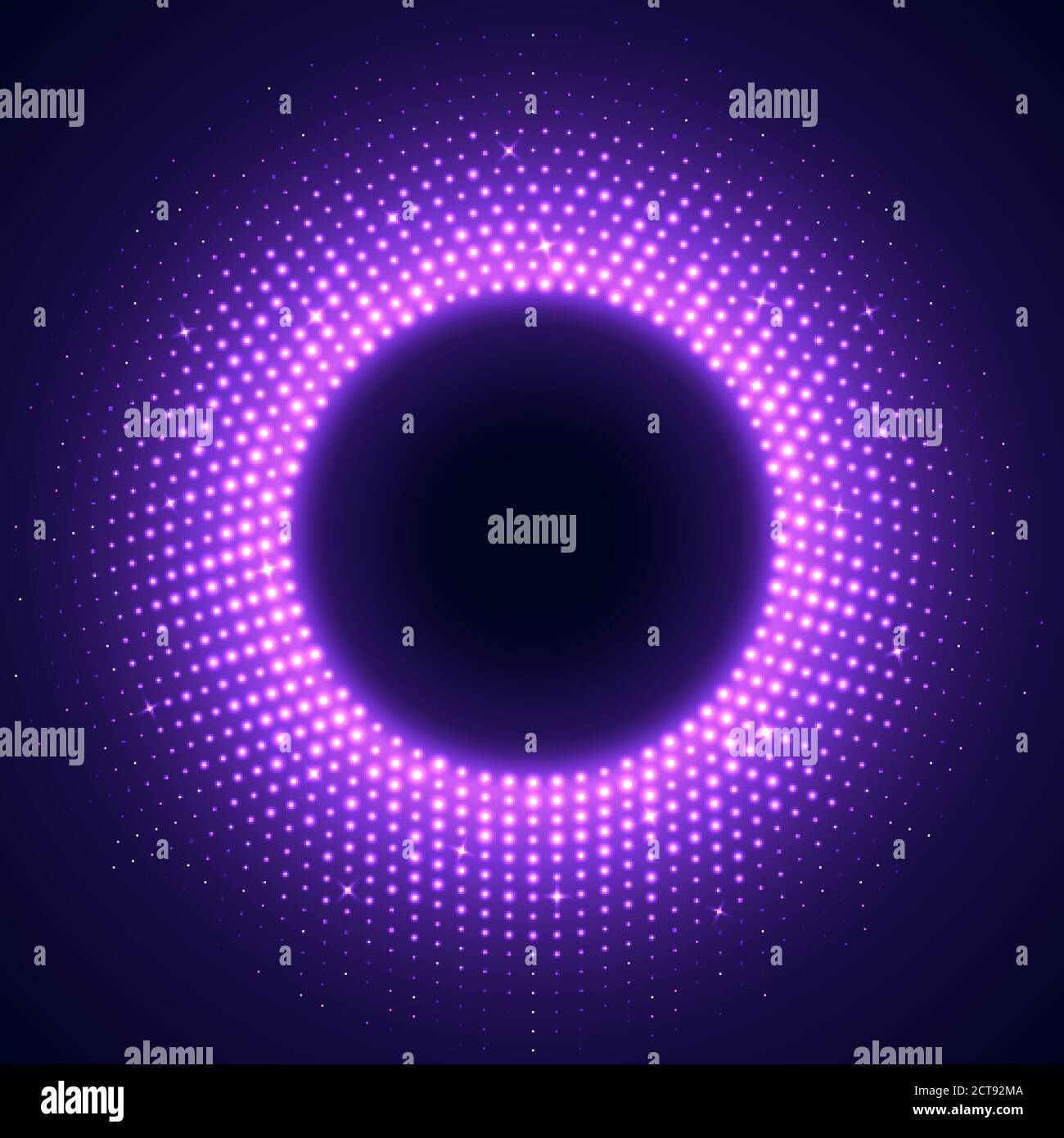 Purple round frame in disco style. Bright illuminated circular border