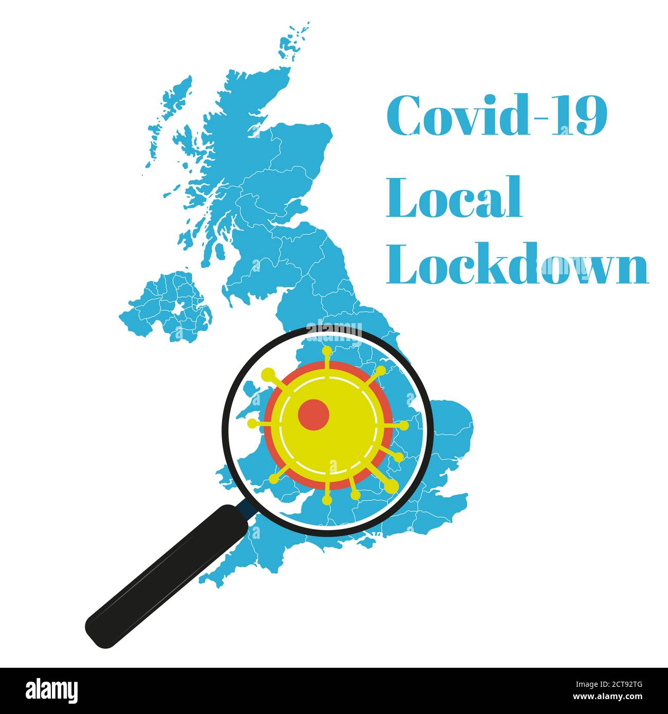 Covid-19 UK local lockdown with map and magnifying glass Stock Vector