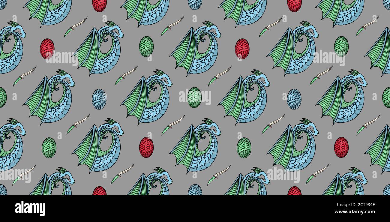 magic pattern with dragons. Blue dragon. vector illustration Stock Vector
