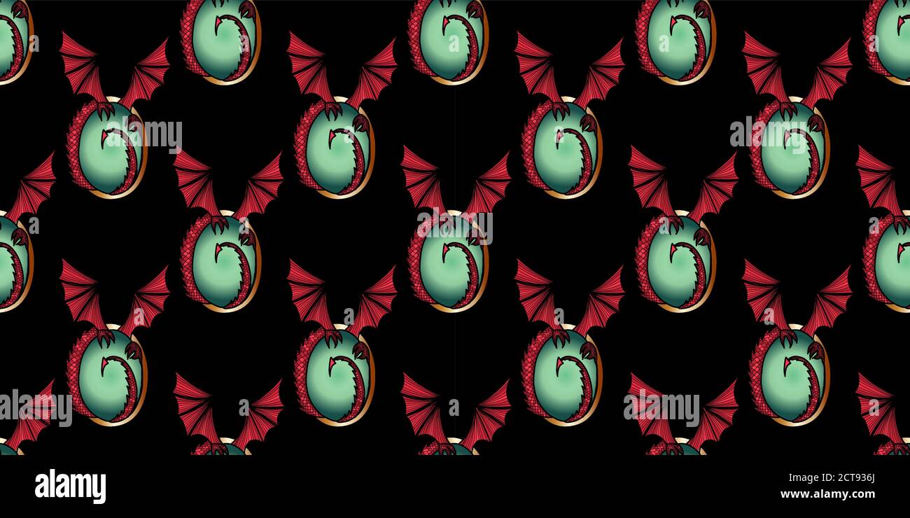 Pattern with dragons on a black background. Red dragon wings Magic