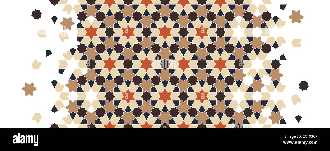 Geometric islamic arabic flower pattern, texture. Geometric halftone texture with color tile disintegration. Stock Vector