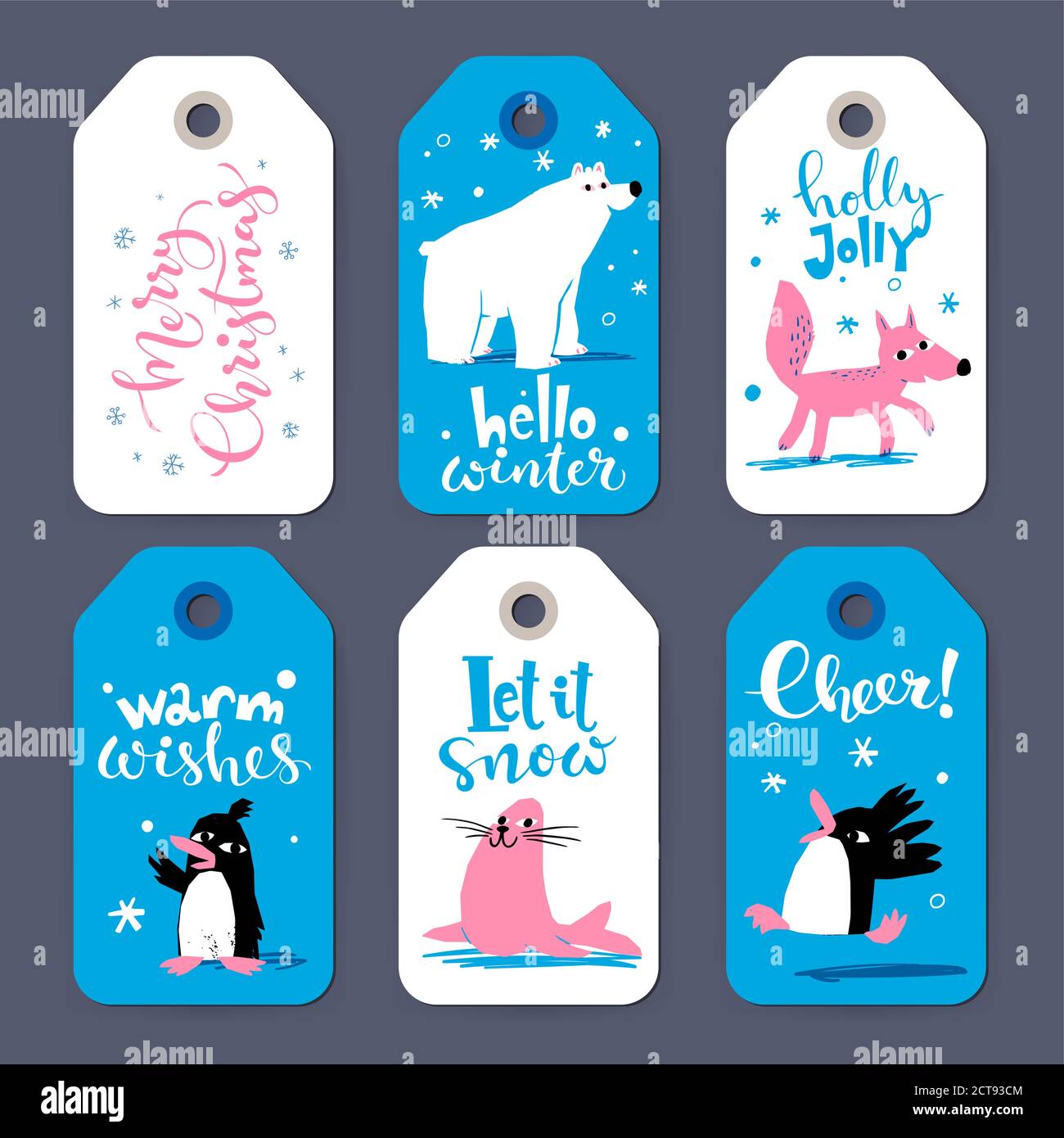 Winter sale Merry Christmas tags with cute penguins and animals Stock Vector