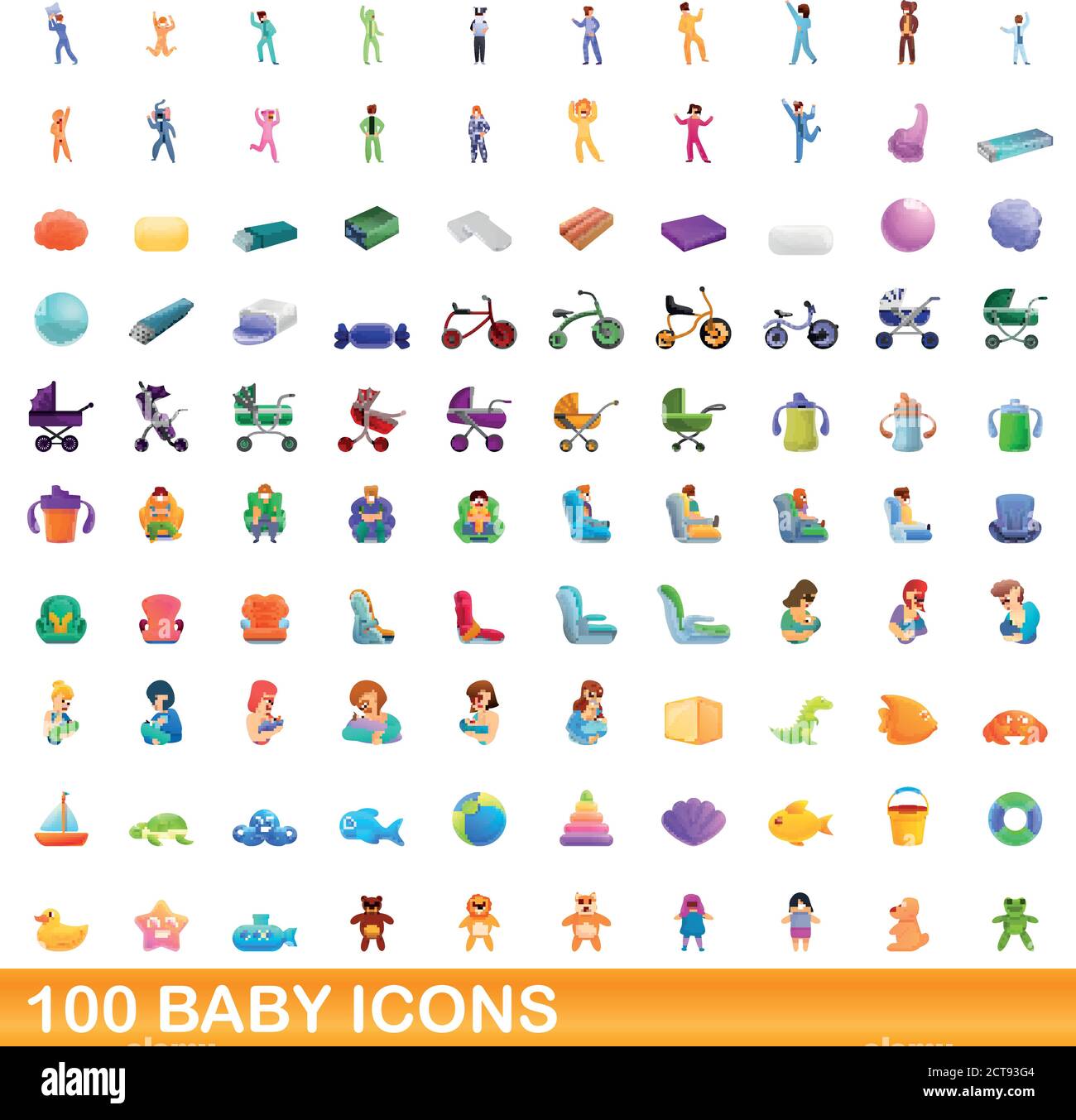 100 baby icons set. Cartoon illustration of 100 baby icons vector set isolated on white background Stock Vector