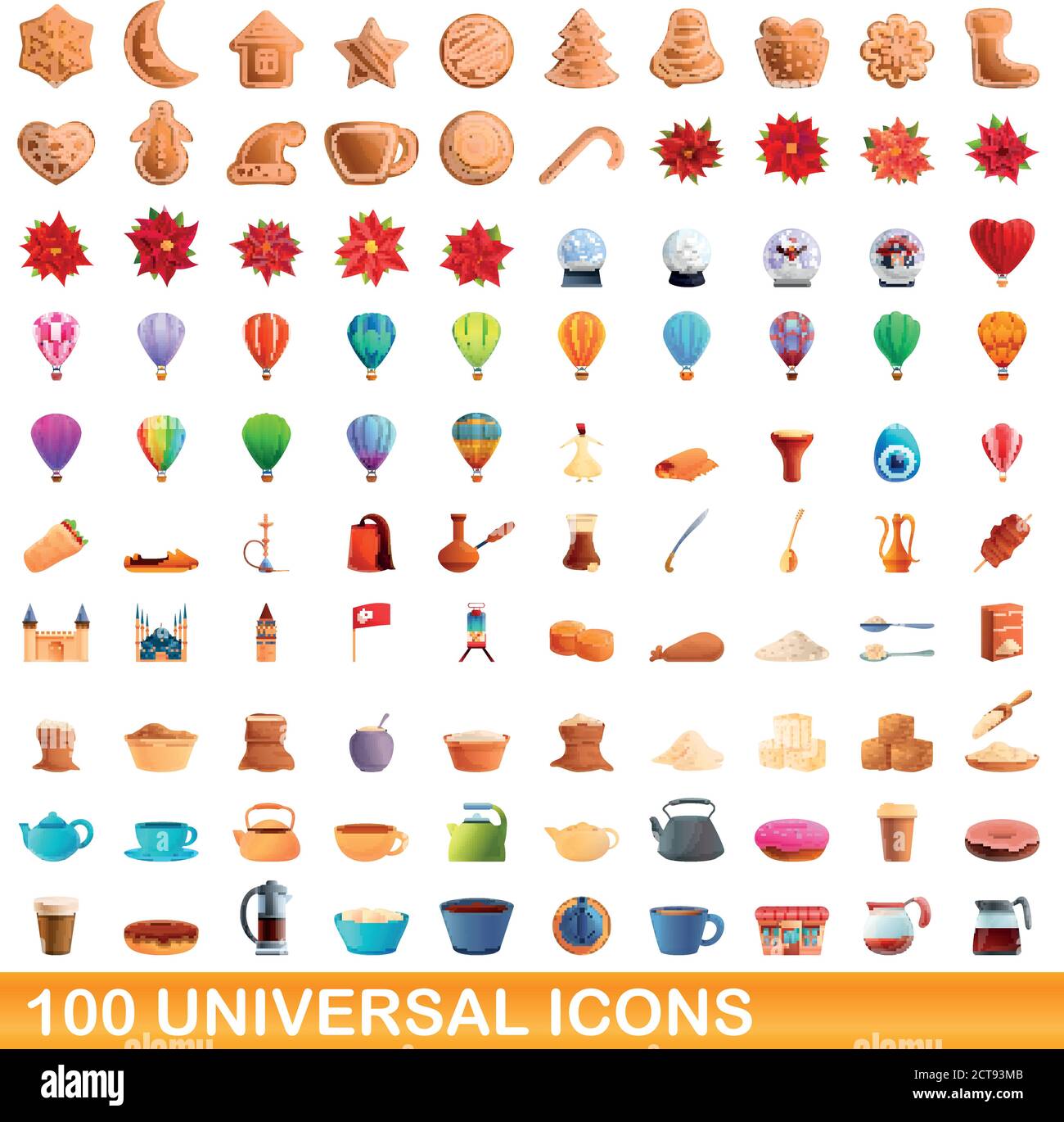 100 universal icons set. Cartoon illustration of 100 universal icons ...