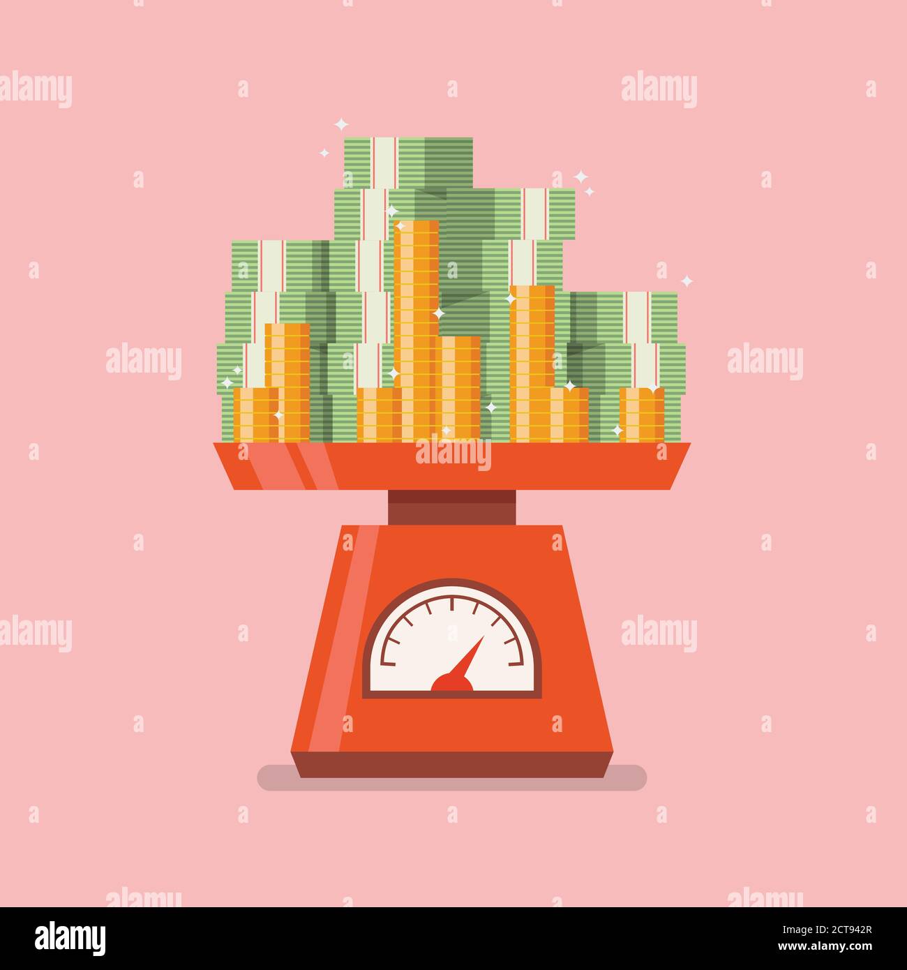 Pile of money on domestic weigh scales. Vector illustration Stock
