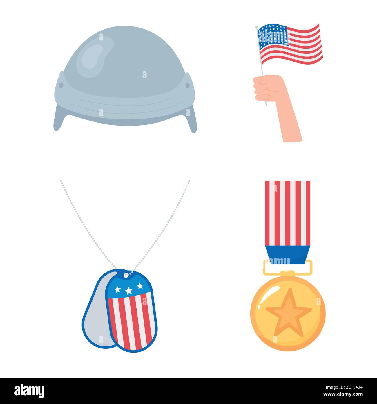 happy veterans day, medal hand with flag and helmet icons, US military armed forces soldier vector illustration Stock Vector