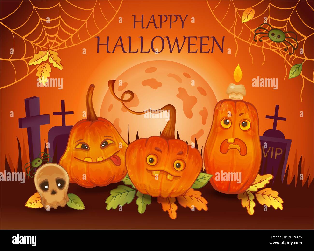 Happy Halloween holiday poster. Funny orange pumpkins, skull, spiders on moonlight background. Concept Trick or Treat. Hand drawn cartoon design Stock Vector