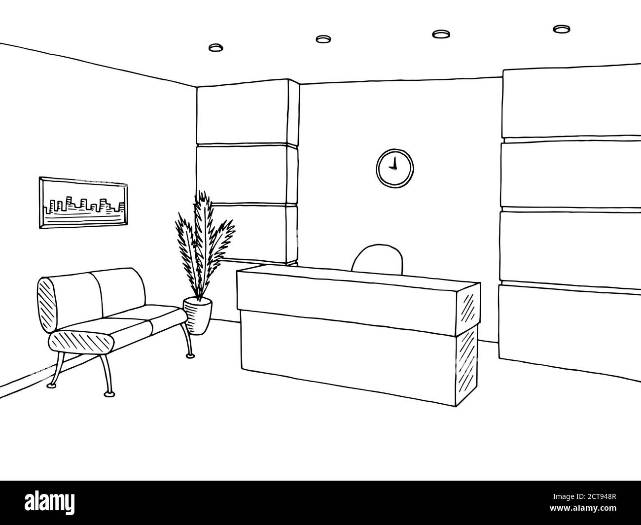 Reception office interior graphic art black white sketch illustration vector Stock Vector