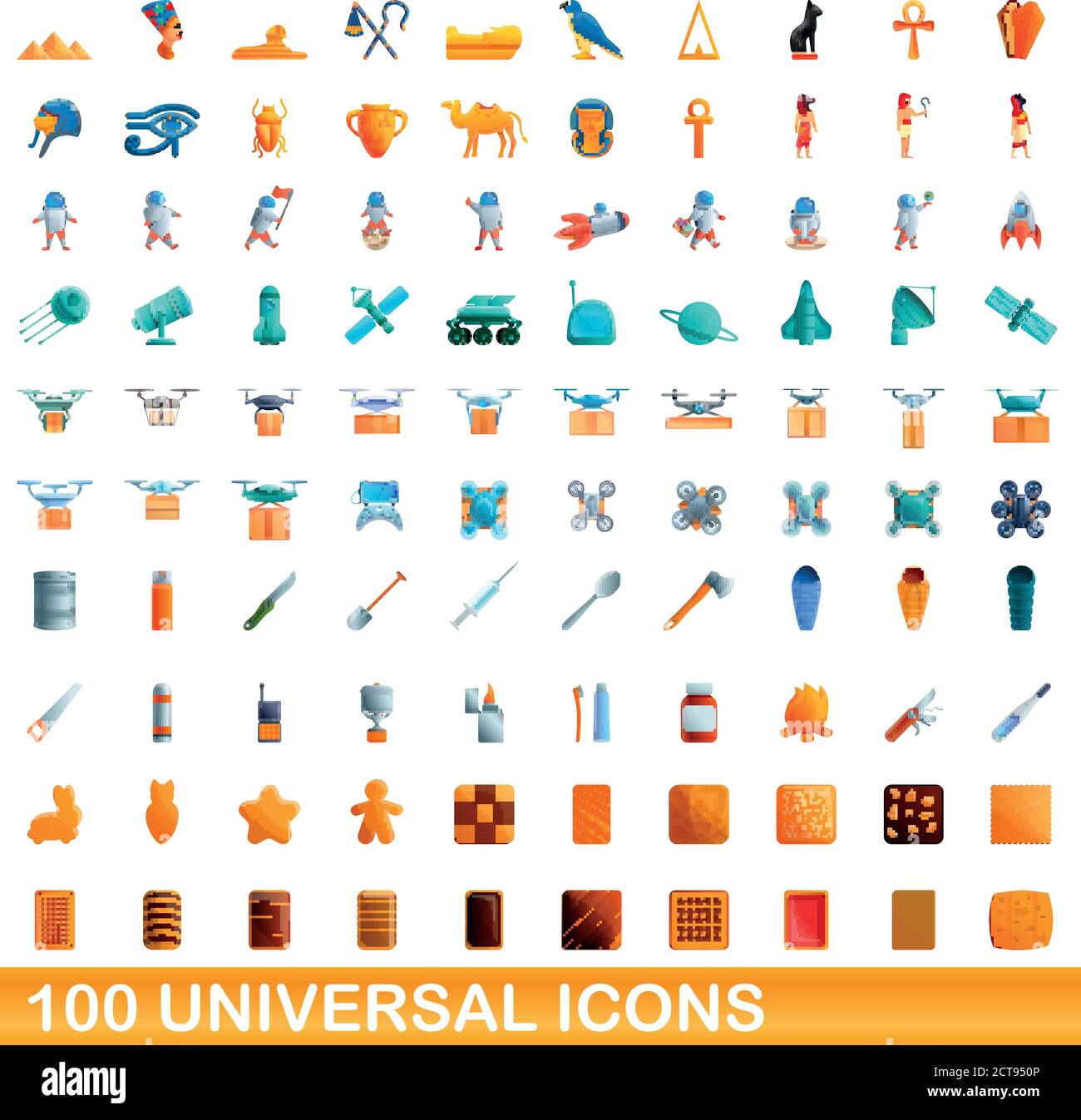 100 universal icons set. Cartoon illustration of 100 universal icons ...