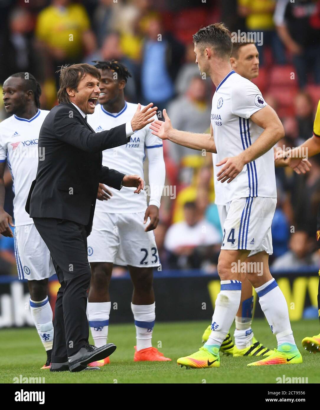 Antonio Conte celebrates with Gary Cahill after the match  Watford v Chelsea Premier League - Vicarage Road Stadium  Copyright Picture : Mark Pain 20/ Stock Photo