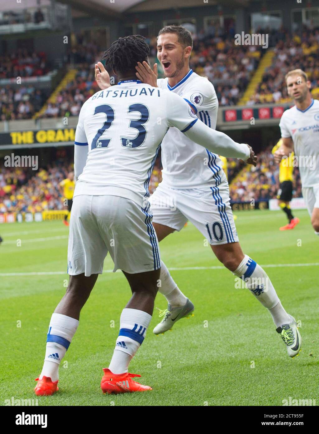 Michy Batshuayi celebrates scoring for Chelsea with Eden Hazard  Watford v Chelsea Premier League - Vicarage Road Stadium  Copyright Picture : Mark Pa Stock Photo