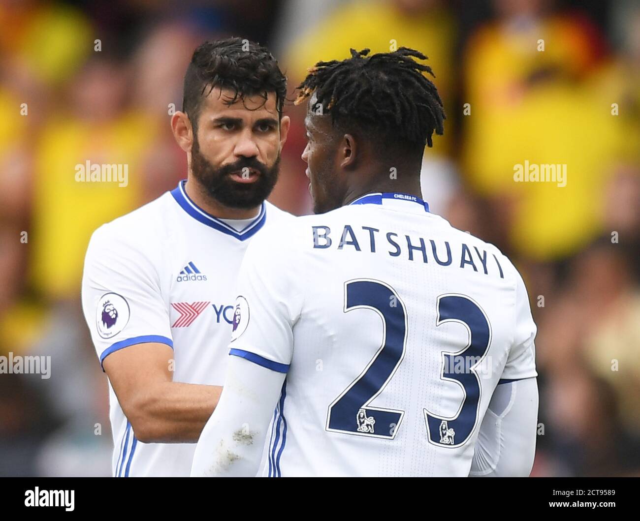 Diego Costa congratulates Michy Batshuayi on his performance after the game  Watford v Chelsea Premier League - Vicarage Road Stadium  Copyright Pictu Stock Photo