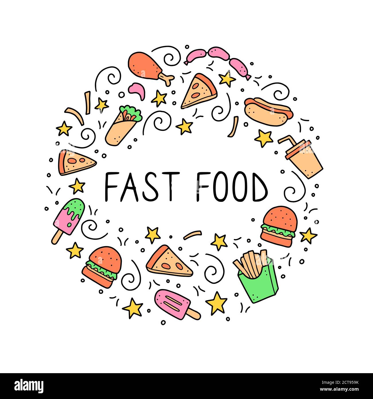 Hand drawn frame of fast food elements, burger, pizza, sandwich ...