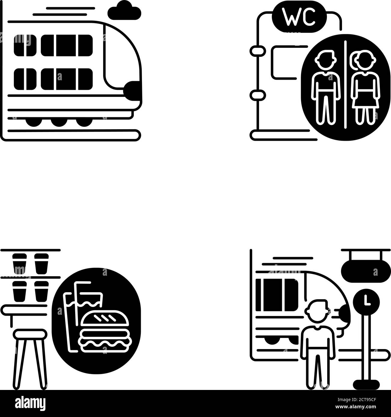 Railway services black linear icons set Stock Vector