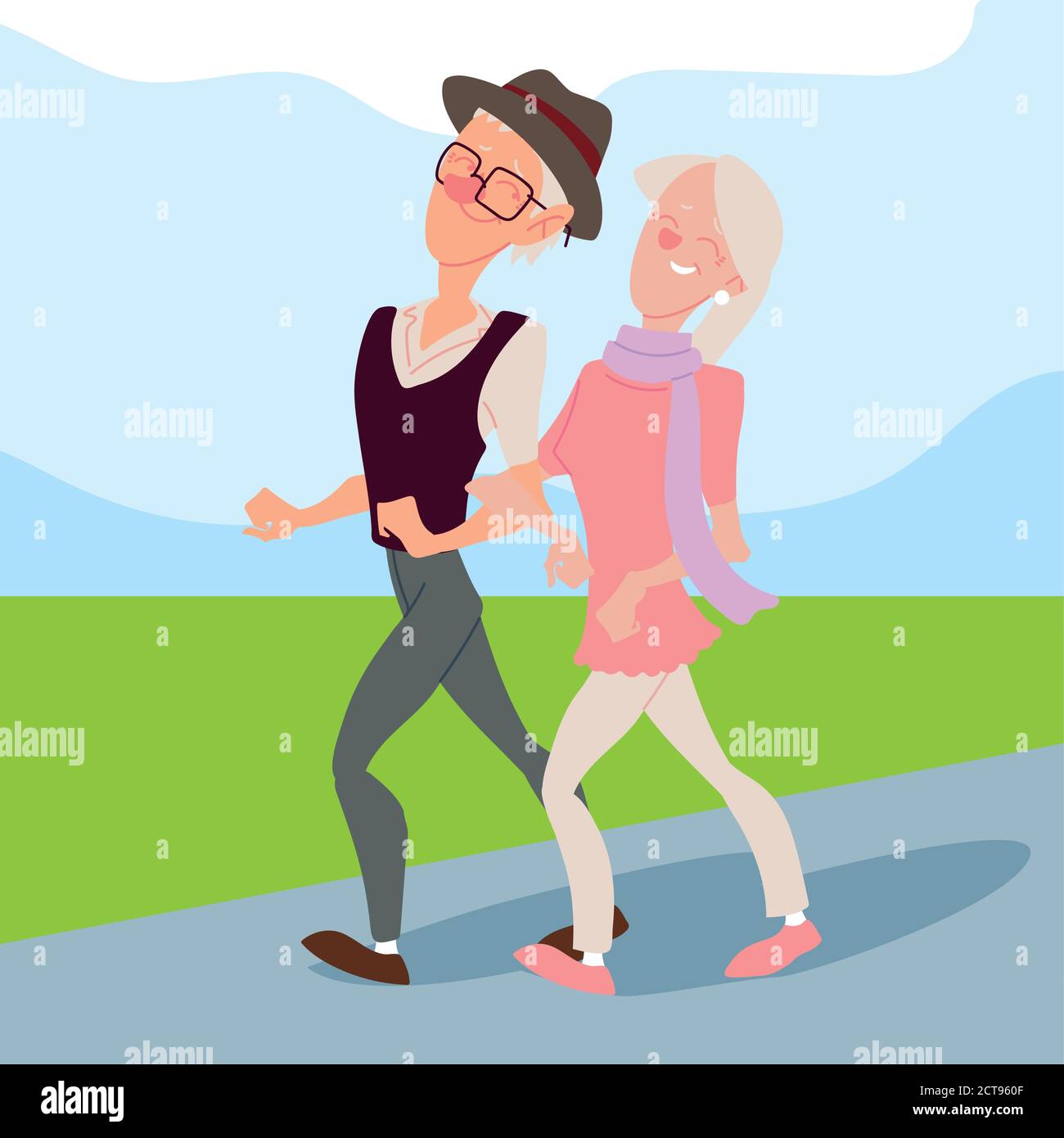 old couple walk in the park, active seniors vector illustration design ...