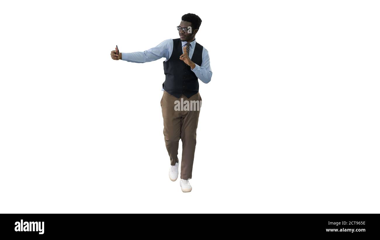 African american businessman making selfies with his phone while Stock Photo