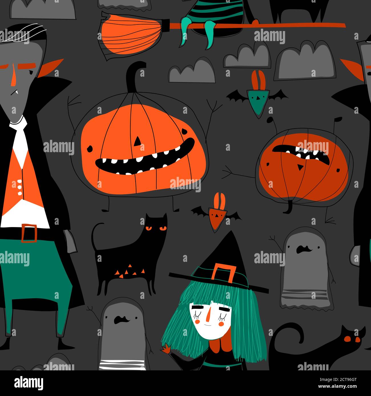 Seamless pattern with Halloween characters on gray background Stock Vector