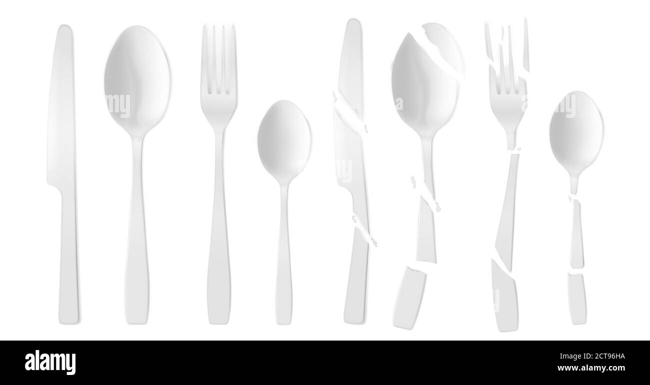 New and broken plastic cutlery isolated on white background. Vector realistic set of cracked white flatware, disposable plastic fork, spoon and knife. Shattered tableware Stock Vector