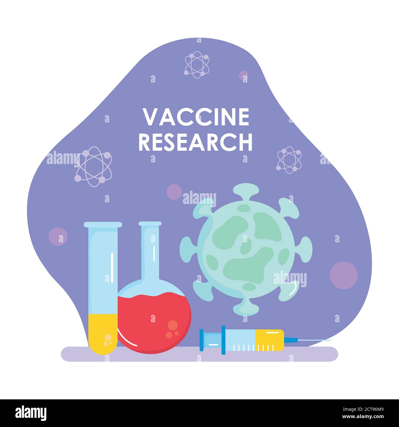 Vaccine research design with chemical flask, test tubes and virus icon over purple background, colorful design, vecotr illustration Stock Vector