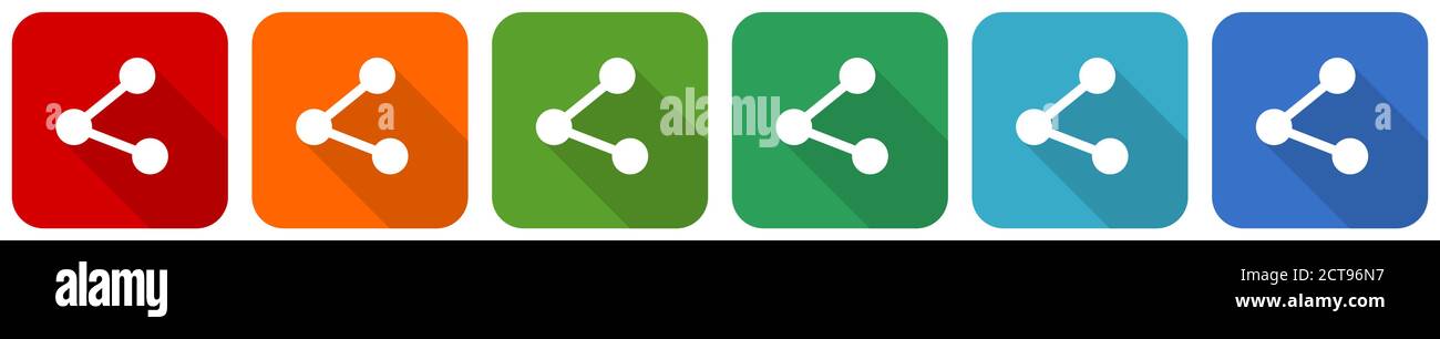 Share icon set, flat design vector illustration in 6 colors options for ...