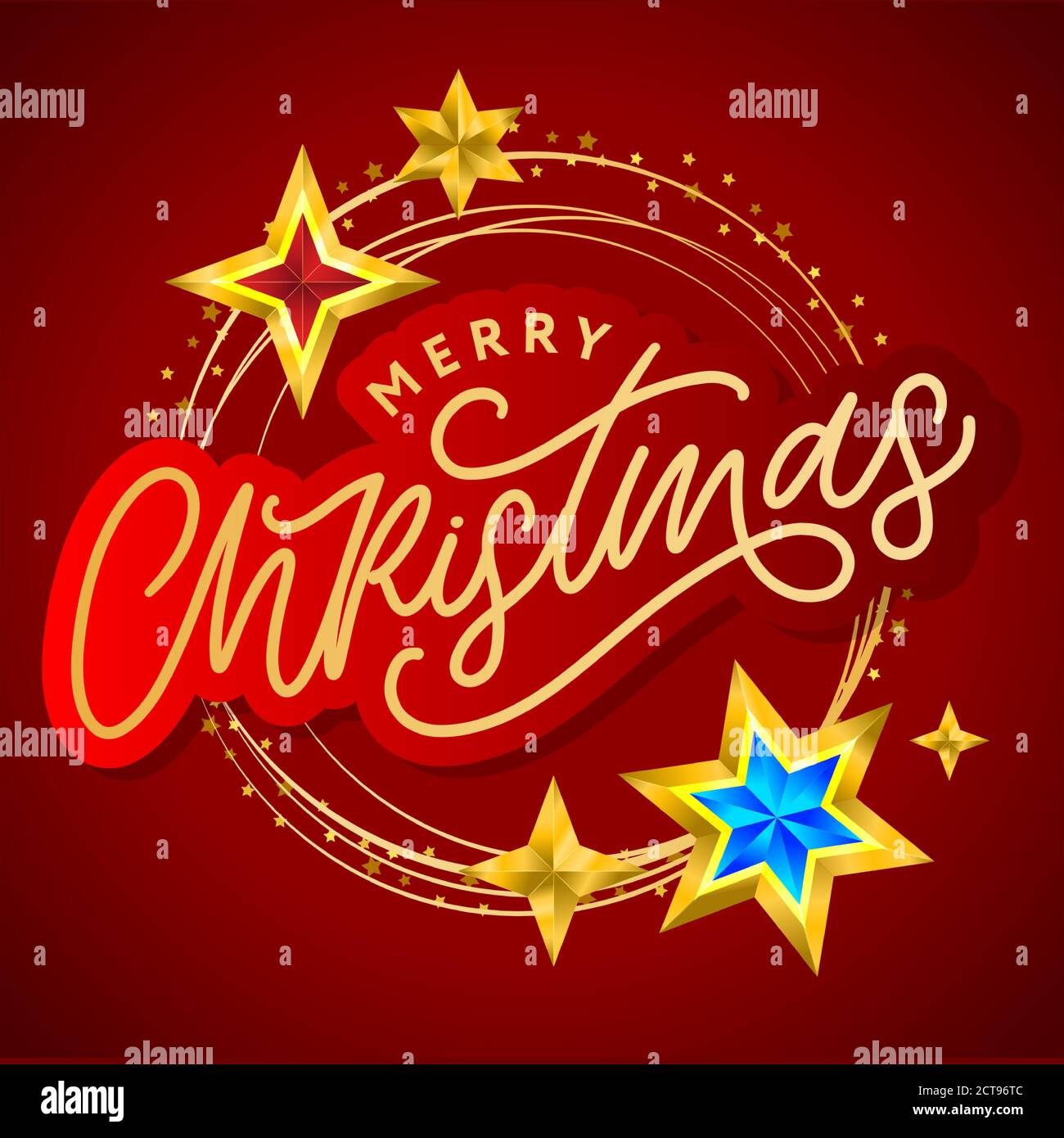 Merry Christmas card with hand drawn lettering and stars on dark ...