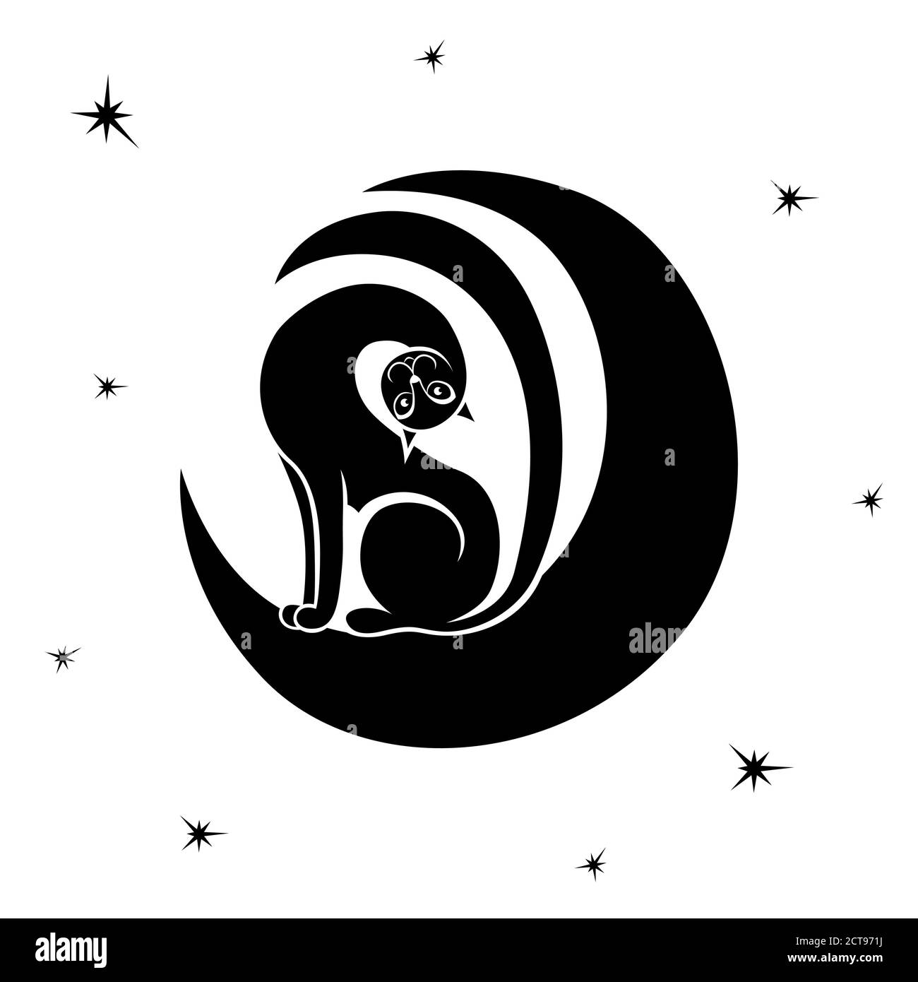 Graceful and playful cat with head tilted to the side on the moon, isolated black vector hand drawing on white Stock Vector