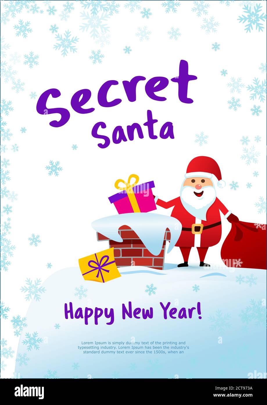 Poster Secret Santa and happy new year. Santa Claus on the roof with a bag of gifts, throws a gift in the chimney. Light background. Stock Vector