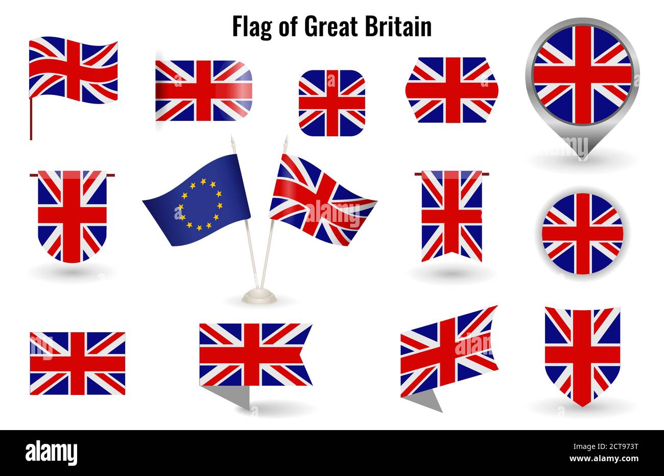 The Flag of Great Britain. Big set of icons and symbols United Kingdom. Square and round England flag. Collection of different flags of horizontal and vertical. Stock Vector