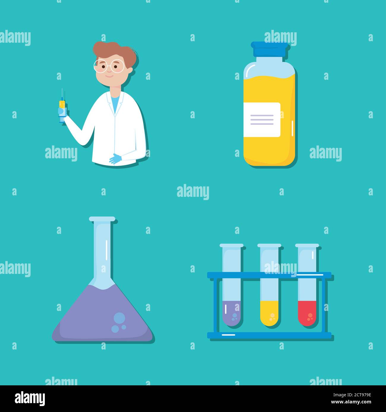 Chemical test tubes and Vaccine research icon set over turquoise background, colorful design, vecotr illustration Stock Vector