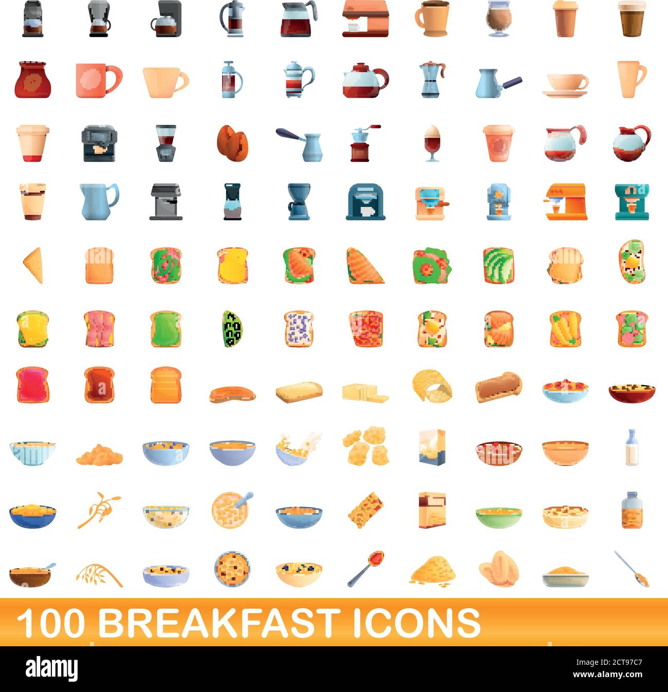 100 breakfast icons set. Cartoon illustration of 100 breakfast icons ...