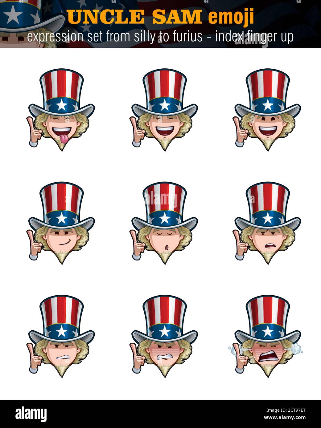Vector illustrations Set cartoon Uncle Sam Emoji pointing up. Nine expressions, silly, laughing, happy, smiling, preaching, serous, unamused, angry n Stock Vector