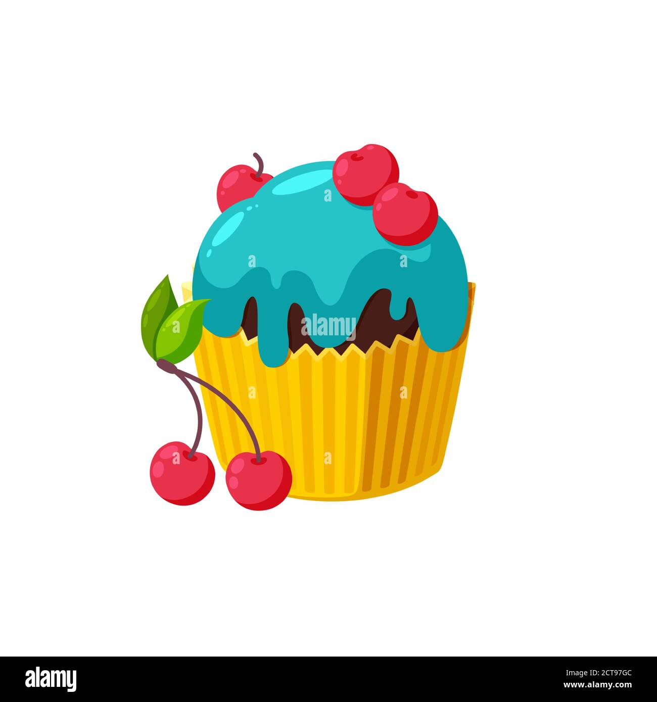 Cupcake with cherry and blue icing. Fairy cake in paper cup. Tasty dessert with shiny frosting. Vector illustration in cute cartoon style Stock Vector