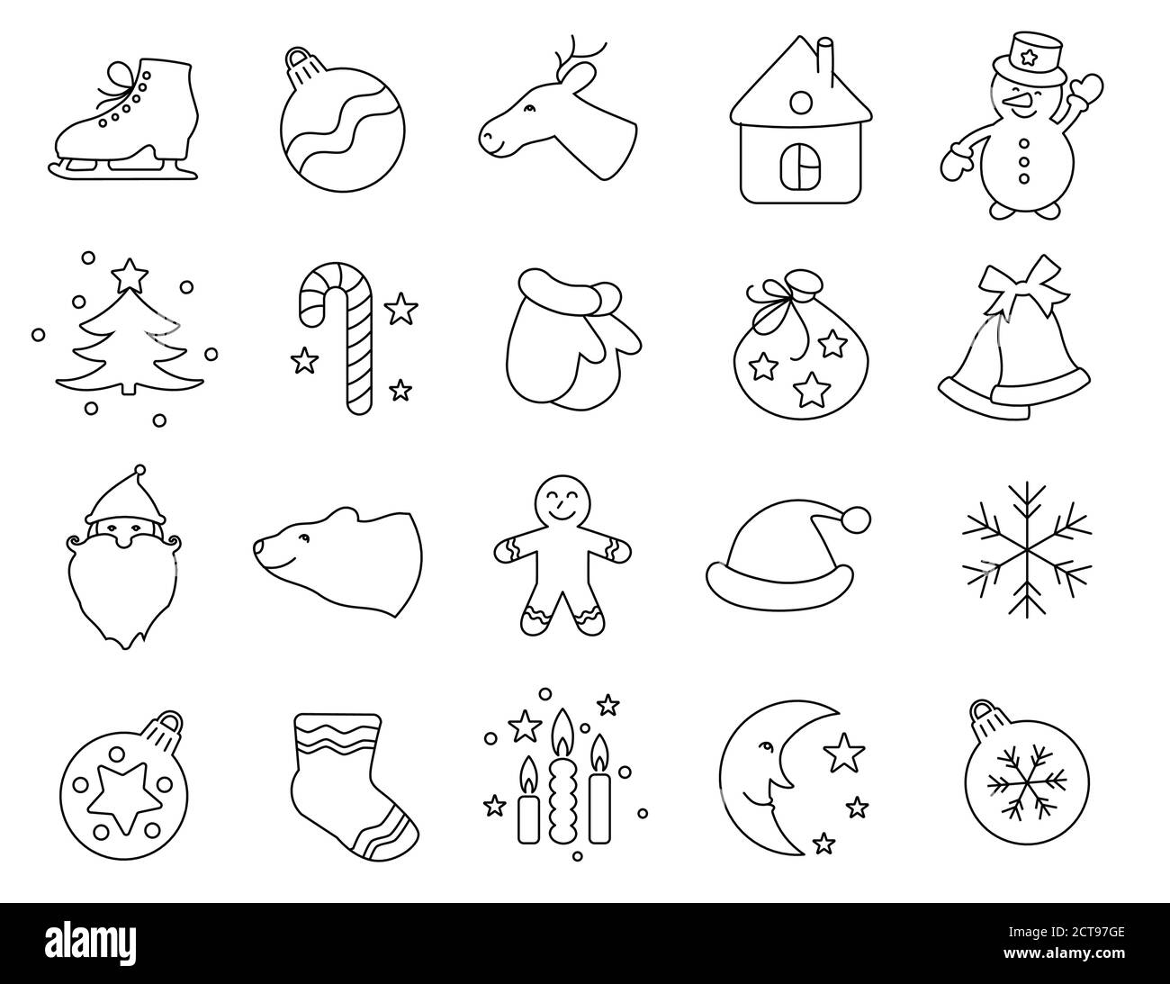 Christmas thin icons for web design and mobile app. Black lines on white background. Sweet christmas candy cane, gingerbread house, man and other Stock Vector