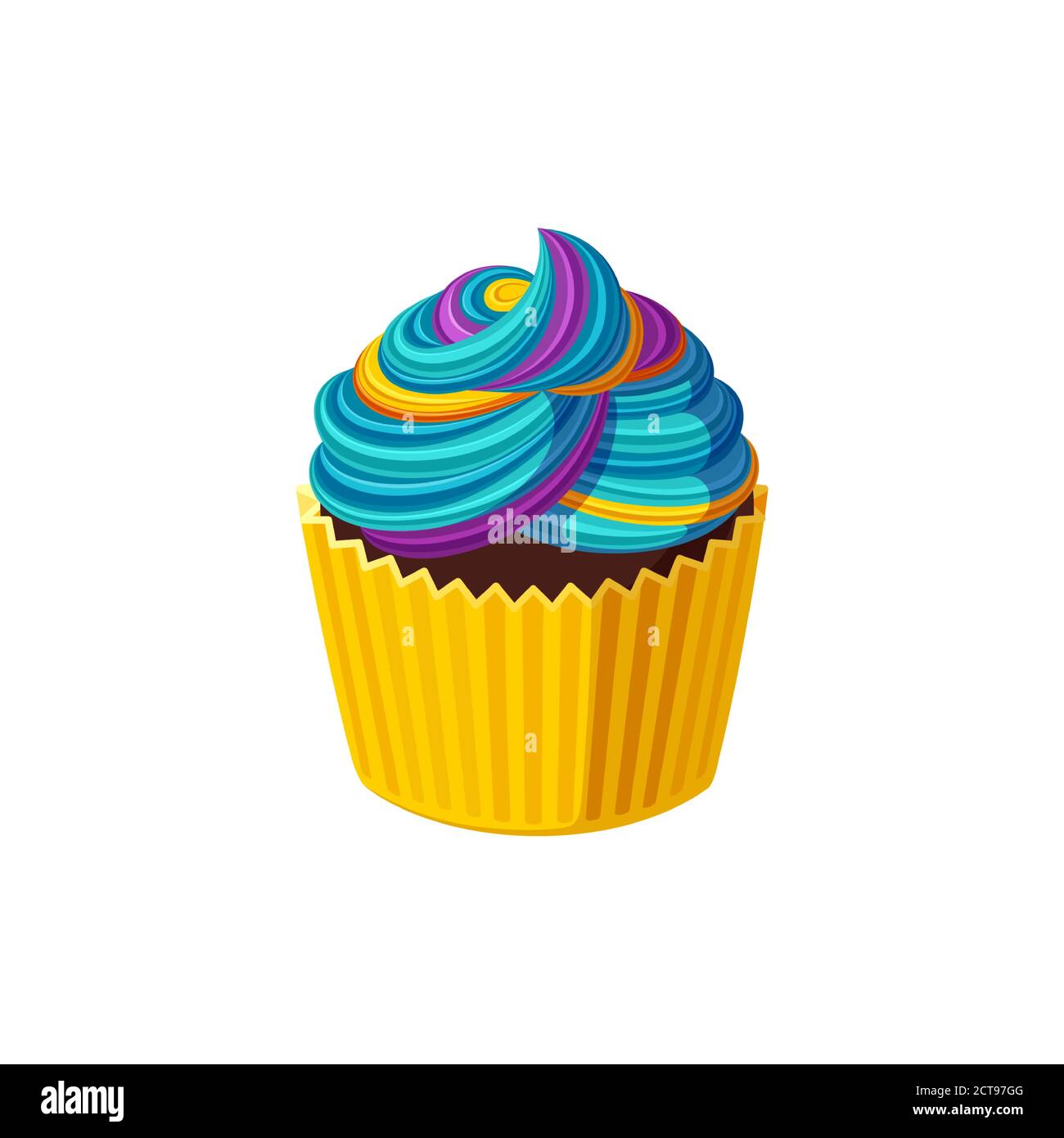 Rainbow cupcake with colorful icing. Swirled cream. Tasty dessert with
