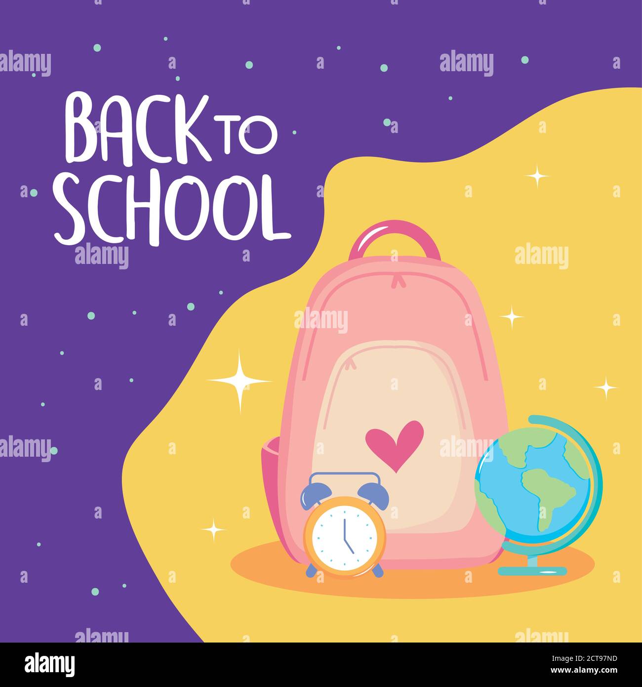 back to school colorful design with school backpack, alarm clock and ...
