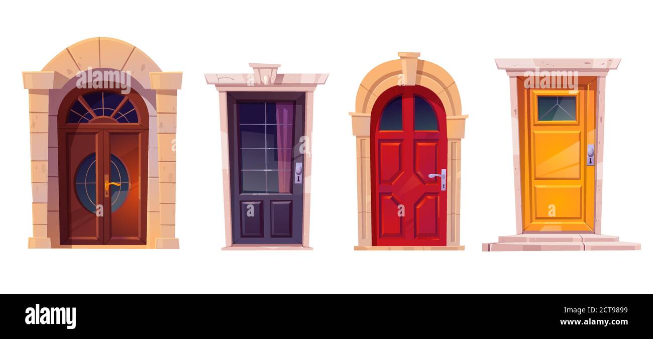 Closed front doors with stone frame for building facade. Vector cartoon set  of house entrance, red, brown and blue wooden doors with knobs and windows  isolated on white background Stock Vector