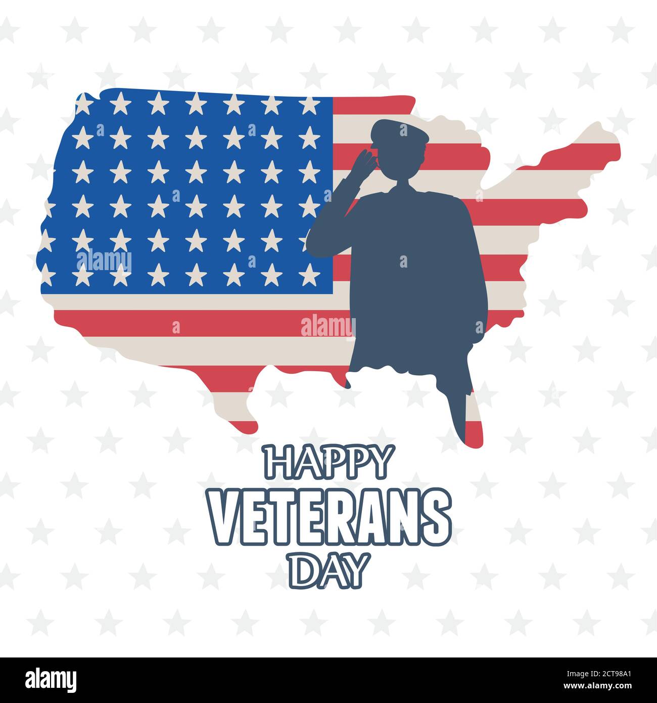 happy veterans day, US military armed forces soldier silhouette on american map with flag vector illustration Stock Vector