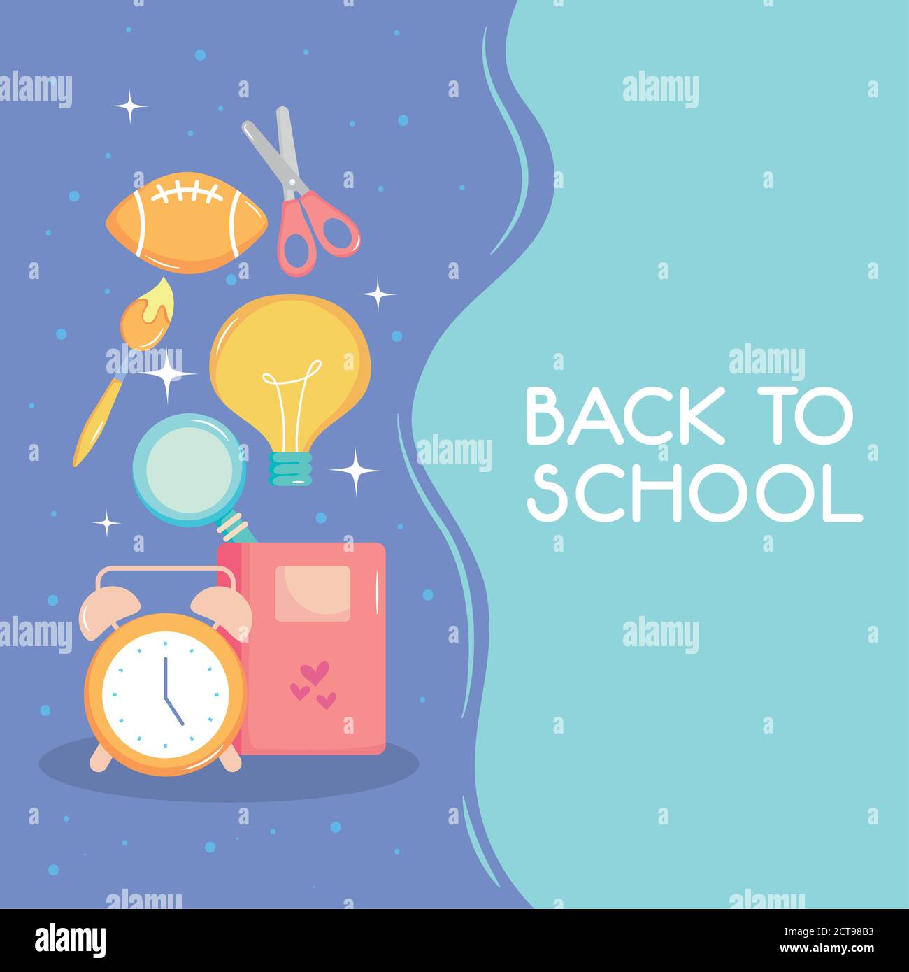 back to school colorful design with alarm clock, notebook and related ...