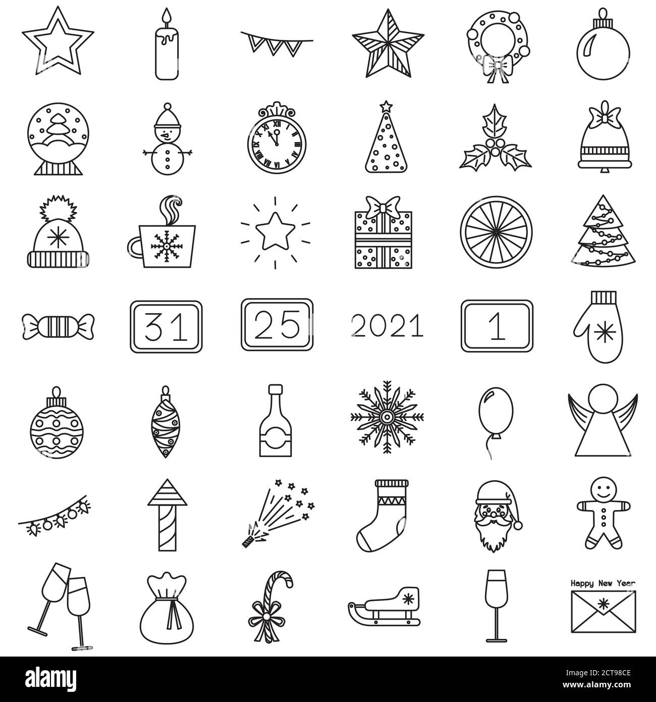 Vector Christmas icons. Calendar, clock, Christmas trees and other new year and Christmas items Stock Vector
