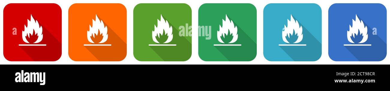 Flame icon set, flat design vector illustration in 6 colors options for ...